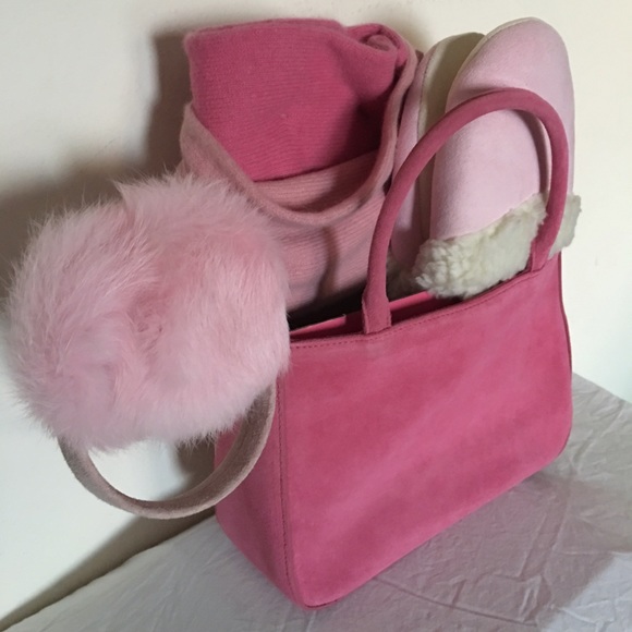 New Pink Suede Small Tote 4-Piece Set Slippers Ear Muffs Giftable Winter Gifts - Picture 2 of 2